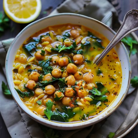 Kurkumasuppe mit Kichererbsen, Orzo und Spinat