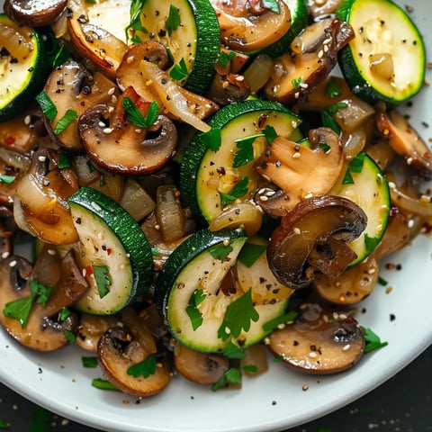 Kohlenhydratarme Zucchini mit Pilzen und karamellisierten Zwiebeln