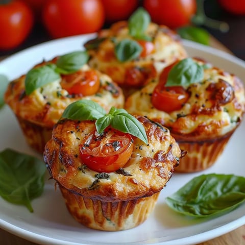 Herzhafte Muffins mit Tomate, Mozzarella und Basilikum